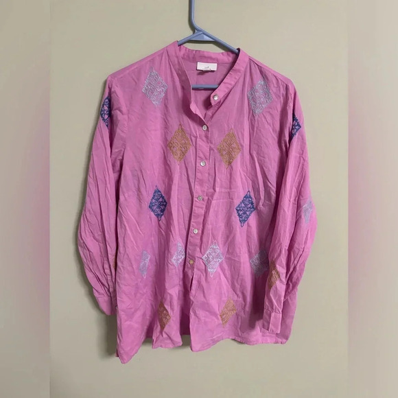 J. Jill Embroidered Button-Front Cotton Tunic Top Size Large Petite Pink - Picture 1 of 6